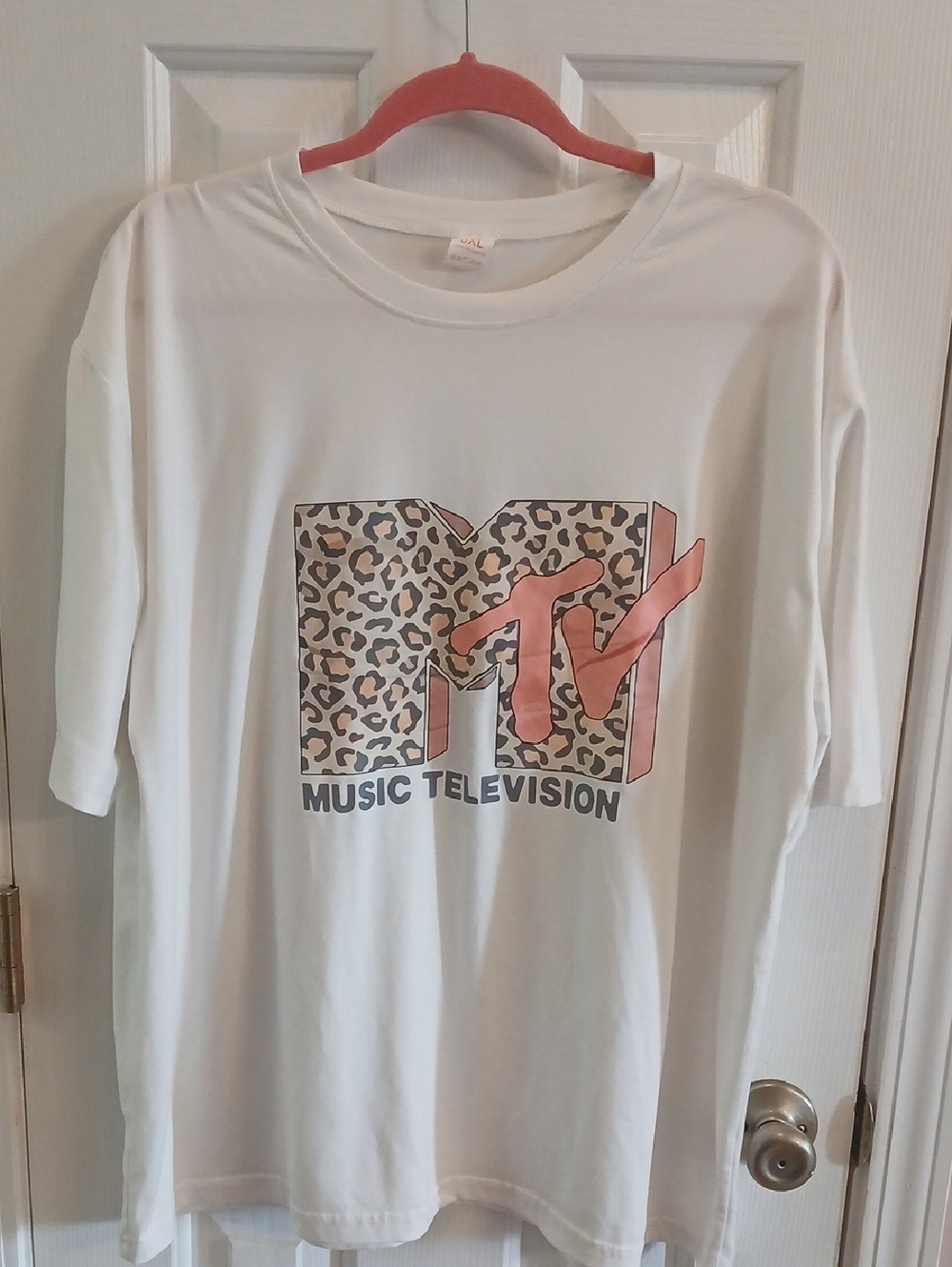 MTV White Long Sleeve Tee with Leopard Print & Pink Logo